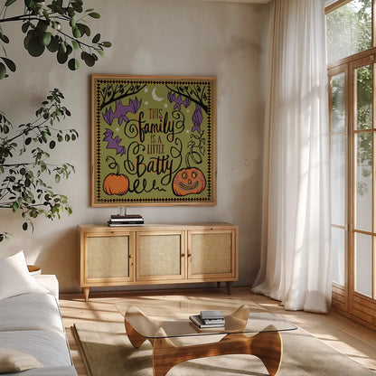 Halloween Expressions III by Janelle Penner. Shown in a natural wood frame in a cozy modern living room. Available as an archival giclee rolled canvas, fine art paper, or poster print. SKU 81655a.