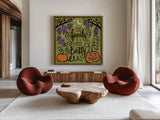 Halloween Expressions III by Janelle Penner. Shown as extra-large giant wall art in a modern living room. Available as an archival giclee rolled canvas, fine art paper, or poster print. SKU 81655a.