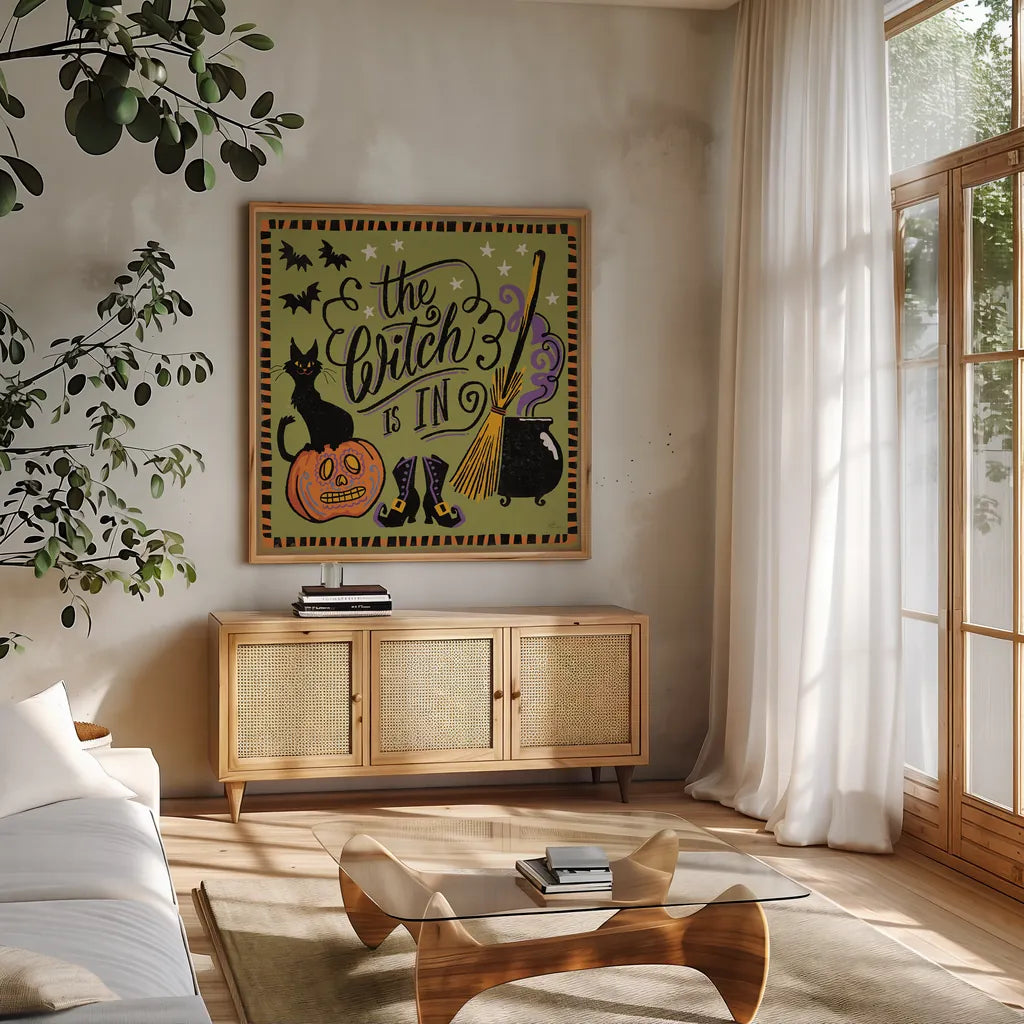 Halloween Expressions IV by Janelle Penner. Shown in a natural wood frame in a cozy modern living room. Available as an archival giclee rolled canvas, fine art paper, or poster print. SKU 81656a.