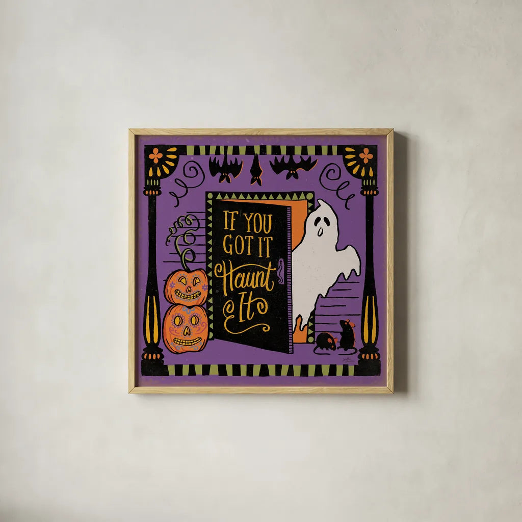 Halloween Expressions V by Janelle Penner. Shown in a natural wood glass frame for a timeless modern aesthetic. Available as an archival giclee rolled canvas, fine art paper, or poster print. SKU 81657a.