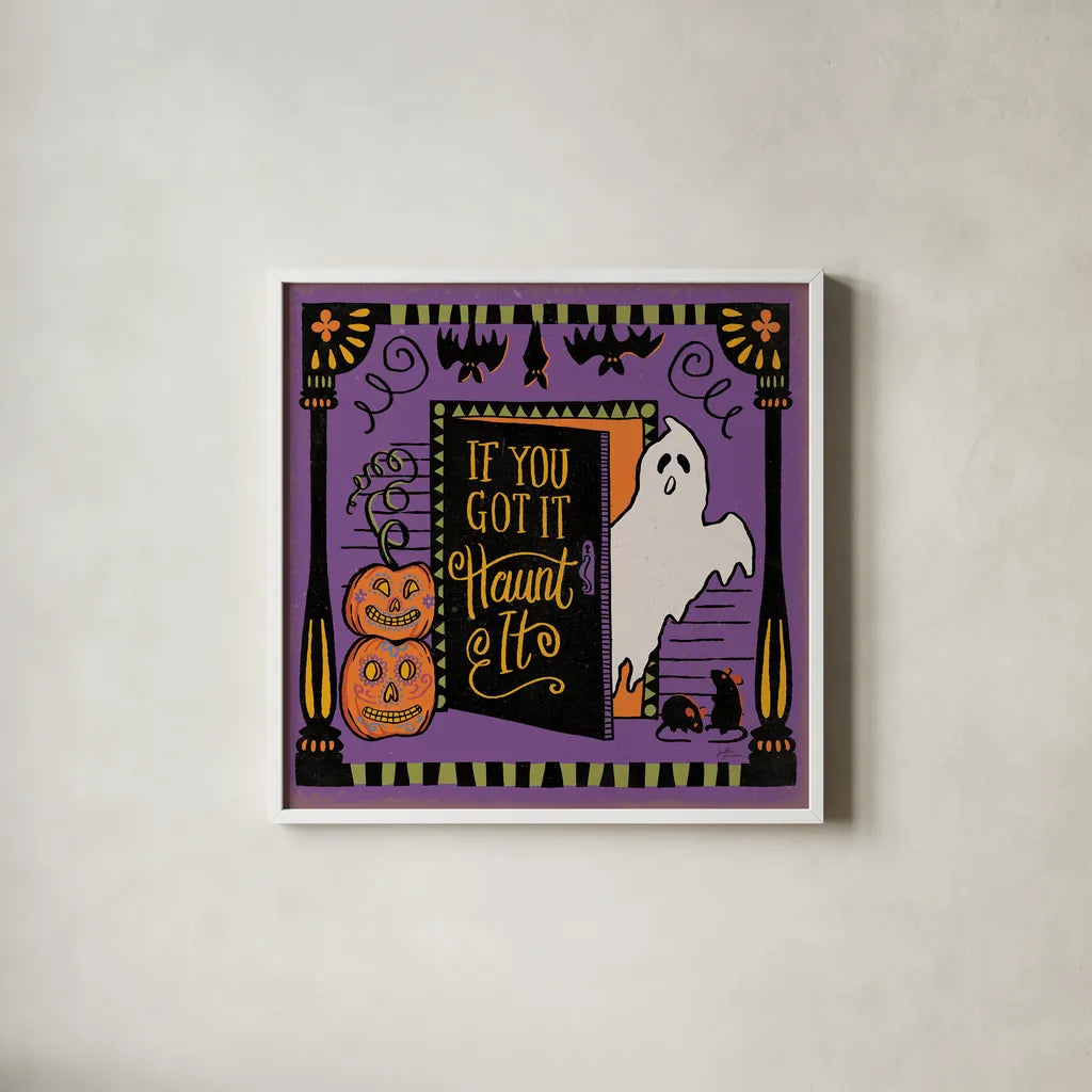 Halloween Expressions V by Janelle Penner. Shown in a crisp white glass frame for a clean and minimalist style. Available as an archival giclee rolled canvas, fine art paper, or poster print. SKU 81657a.