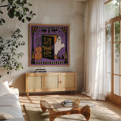Halloween Expressions V by Janelle Penner. Shown in a natural wood frame in a cozy modern living room. Available as an archival giclee rolled canvas, fine art paper, or poster print. SKU 81657a.