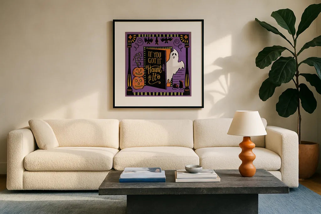 Halloween Expressions V by Janelle Penner. Displayed in a glass frame with matte in a clean modern living room. Available as an archival giclee rolled canvas, fine art paper, or poster print. SKU 81657a.