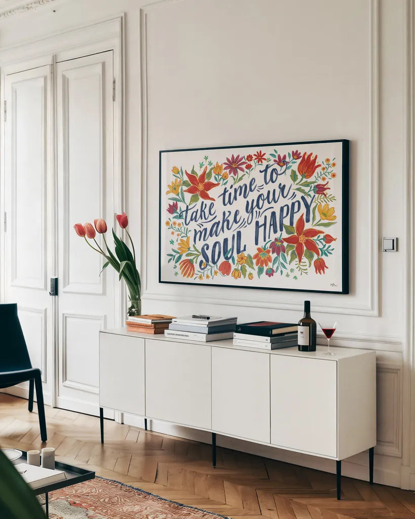 Happy Thoughts I White by Janelle Penner. shown as a framed stretched canvas in a living room above a console. Available as a archival giclee rolled canvas, fine art paper, or poster print. SKU 56416i.