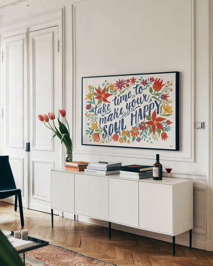 Happy Thoughts I White by Janelle Penner. shown as a framed stretched canvas in a living room above a console. Available as a archival giclee rolled canvas, fine art paper, or poster print. SKU 56416i.