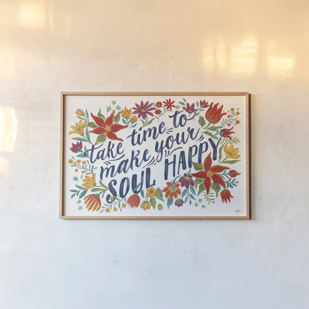 Happy Thoughts I White by Janelle Penner. shown as a paper print in a natural frame. Available as a archival giclee rolled canvas, fine art paper, or poster print. SKU 56416i.