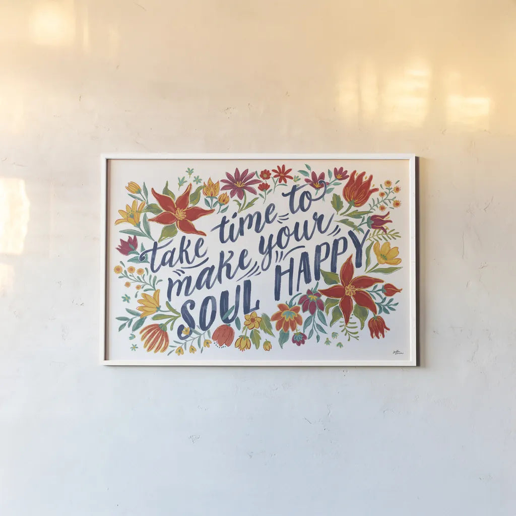 Happy Thoughts I White by Janelle Penner. shown as a paper print in a white frame. Available as a archival giclee rolled canvas, fine art paper, or poster print. SKU 56416i.