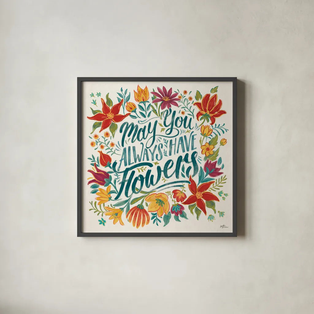 Happy Thoughts IV by Janelle Penner. Shown in a sleek black glass frame for a contemporary gallery look. Available as an archival giclee rolled canvas, fine art paper, or poster print. SKU 54099a.