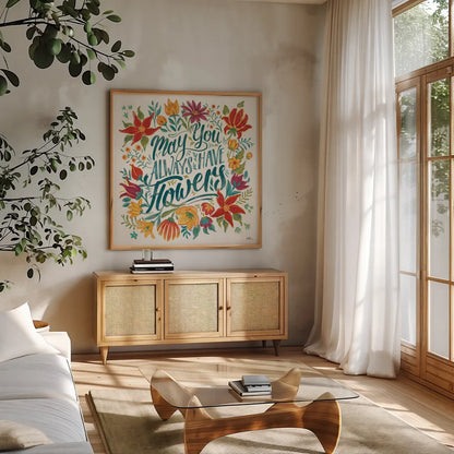 Happy Thoughts IV by Janelle Penner. Shown in a natural wood frame in a cozy modern living room. Available as an archival giclee rolled canvas, fine art paper, or poster print. SKU 54099a.