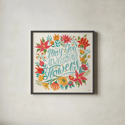 Happy Thoughts IV Bright by Janelle Penner. Shown in a sleek black glass frame for a contemporary gallery look. Available as an archival giclee rolled canvas, fine art paper, or poster print. SKU 71483a.