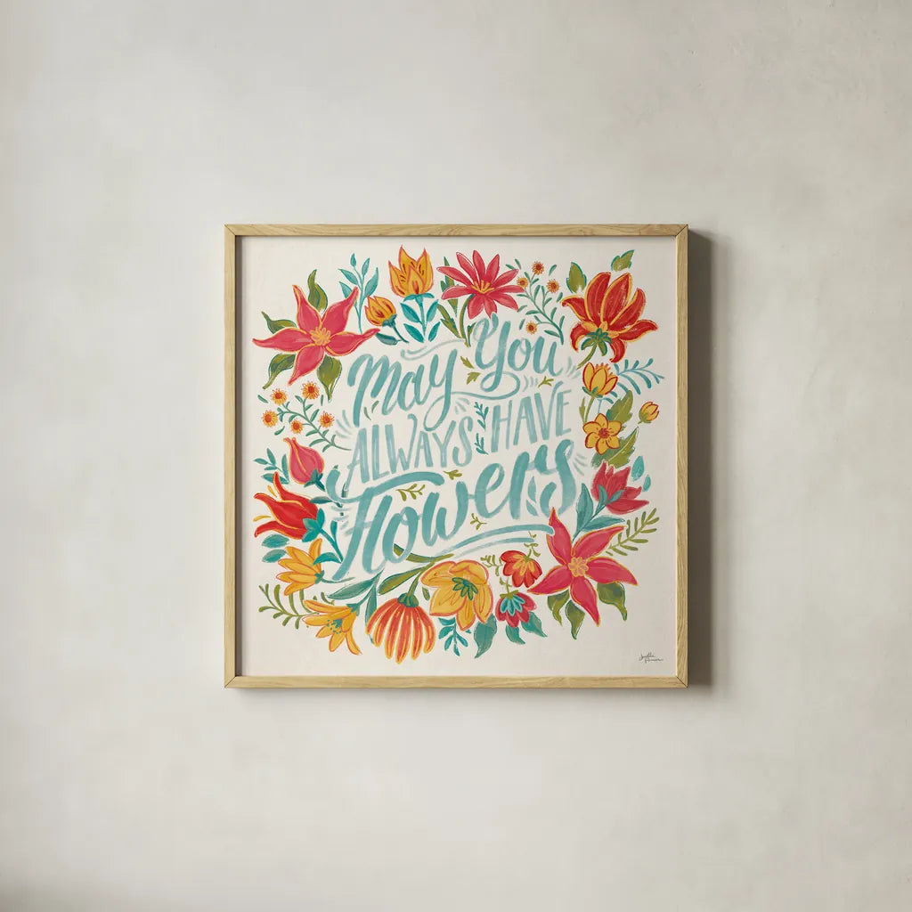 Happy Thoughts IV Bright by Janelle Penner. Shown in a natural wood glass frame for a timeless modern aesthetic. Available as an archival giclee rolled canvas, fine art paper, or poster print. SKU 71483a.