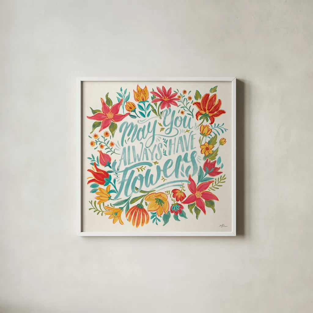 Happy Thoughts IV Bright by Janelle Penner. Shown in a crisp white glass frame for a clean and minimalist style. Available as an archival giclee rolled canvas, fine art paper, or poster print. SKU 71483a.