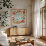 Happy Thoughts IV Bright by Janelle Penner. Shown in a natural wood frame in a cozy modern living room. Available as an archival giclee rolled canvas, fine art paper, or poster print. SKU 71483a.
