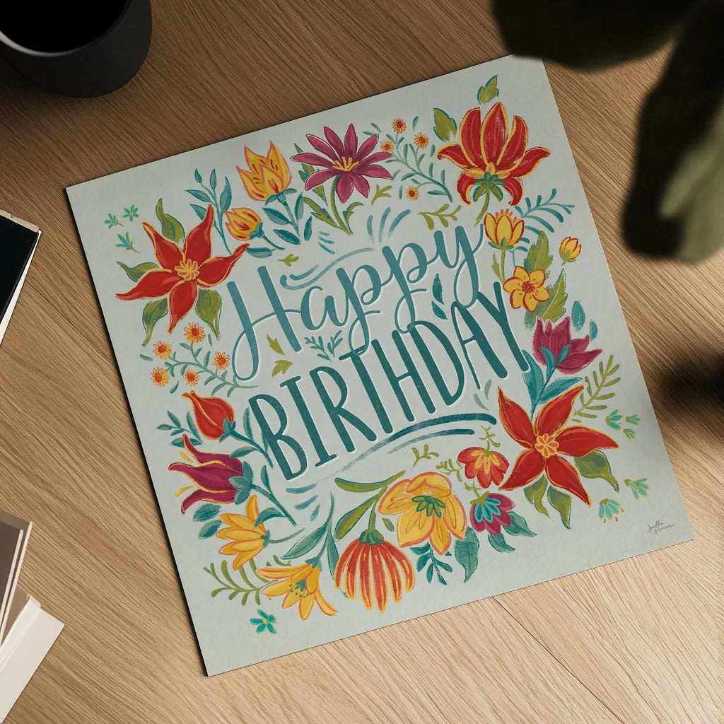 Happy Thoughts IV Happy Birthday by Janelle Penner. Shown as a detailed flat fine art print, highlighting archival giclee quality. Available as an archival giclee rolled canvas, fine art paper, or poster print. SKU 78126a.