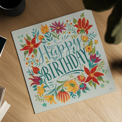 Happy Thoughts IV Happy Birthday by Janelle Penner. Shown as a detailed flat fine art print, highlighting archival giclee quality. Available as an archival giclee rolled canvas, fine art paper, or poster print. SKU 78126a.