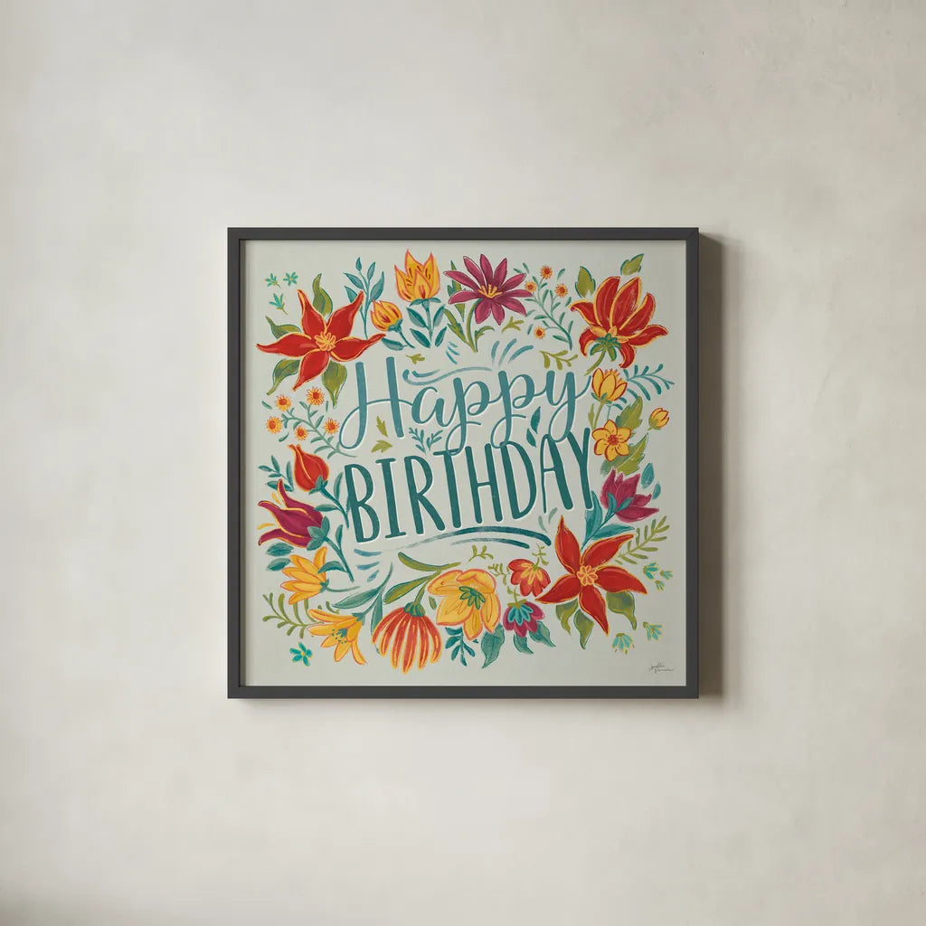 Happy Thoughts IV Happy Birthday by Janelle Penner. Shown in a sleek black glass frame for a contemporary gallery look. Available as an archival giclee rolled canvas, fine art paper, or poster print. SKU 78126a.