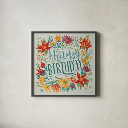 Happy Thoughts IV Happy Birthday by Janelle Penner. Shown in a sleek black glass frame for a contemporary gallery look. Available as an archival giclee rolled canvas, fine art paper, or poster print. SKU 78126a.