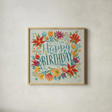 Happy Thoughts IV Happy Birthday by Janelle Penner. Shown in a natural wood glass frame for a timeless modern aesthetic. Available as an archival giclee rolled canvas, fine art paper, or poster print. SKU 78126a.