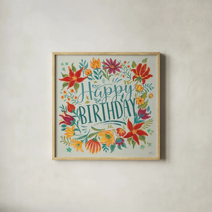 Happy Thoughts IV Happy Birthday by Janelle Penner. Shown in a natural wood glass frame for a timeless modern aesthetic. Available as an archival giclee rolled canvas, fine art paper, or poster print. SKU 78126a.