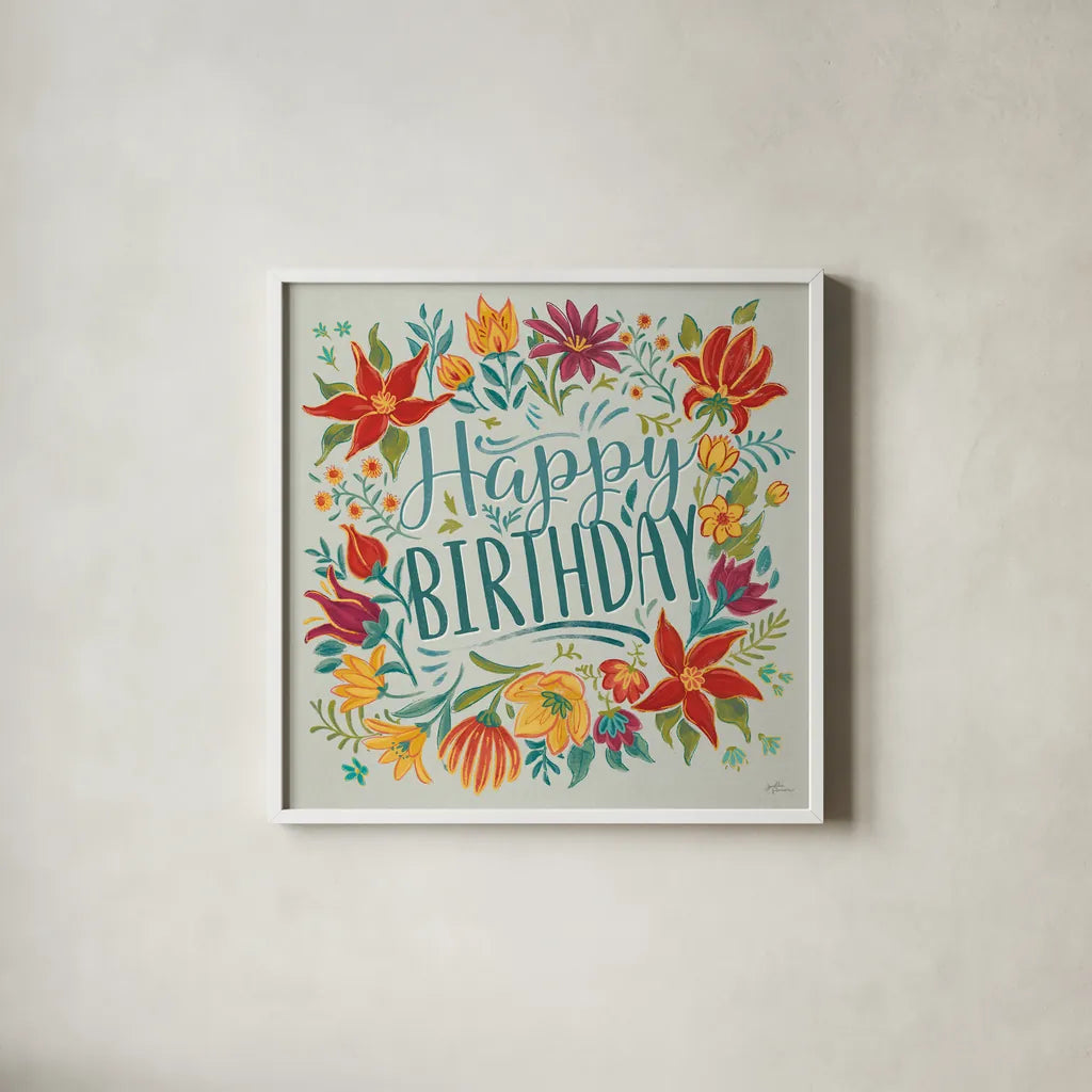 Happy Thoughts IV Happy Birthday by Janelle Penner. Shown in a crisp white glass frame for a clean and minimalist style. Available as an archival giclee rolled canvas, fine art paper, or poster print. SKU 78126a.