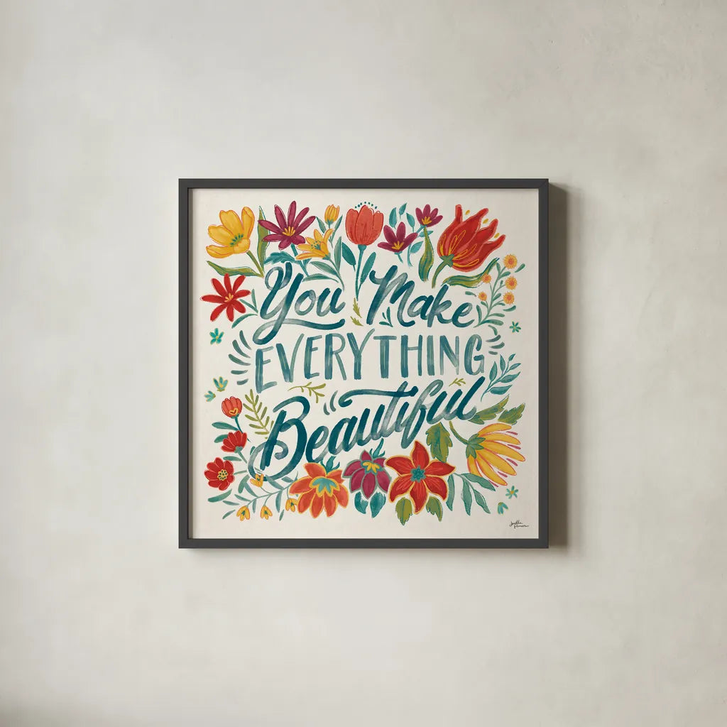 Happy Thoughts V by Janelle Penner. Shown in a sleek black glass frame for a contemporary gallery look. Available as an archival giclee rolled canvas, fine art paper, or poster print. SKU 54100a.