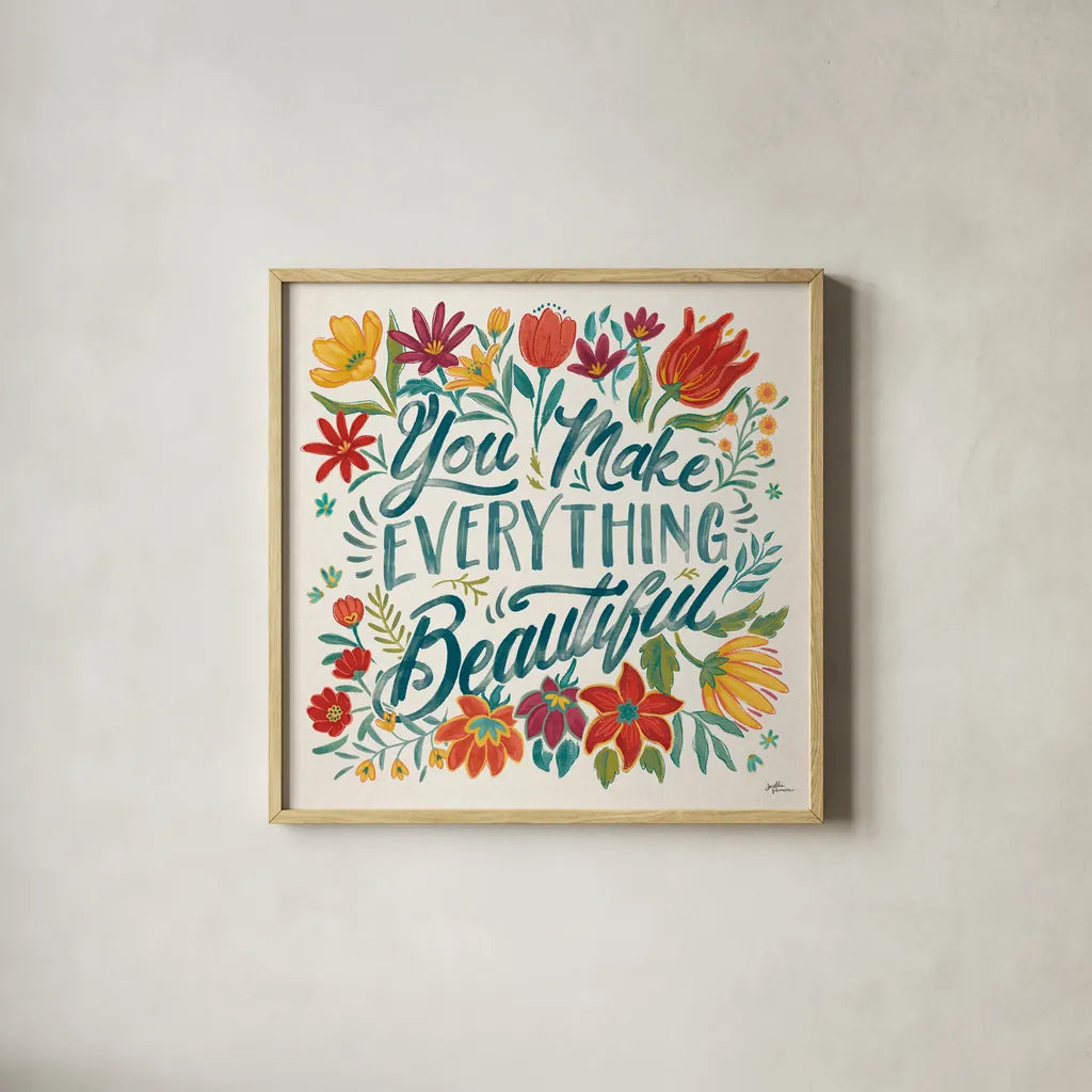 Happy Thoughts V by Janelle Penner. Shown in a natural wood glass frame for a timeless modern aesthetic. Available as an archival giclee rolled canvas, fine art paper, or poster print. SKU 54100a.