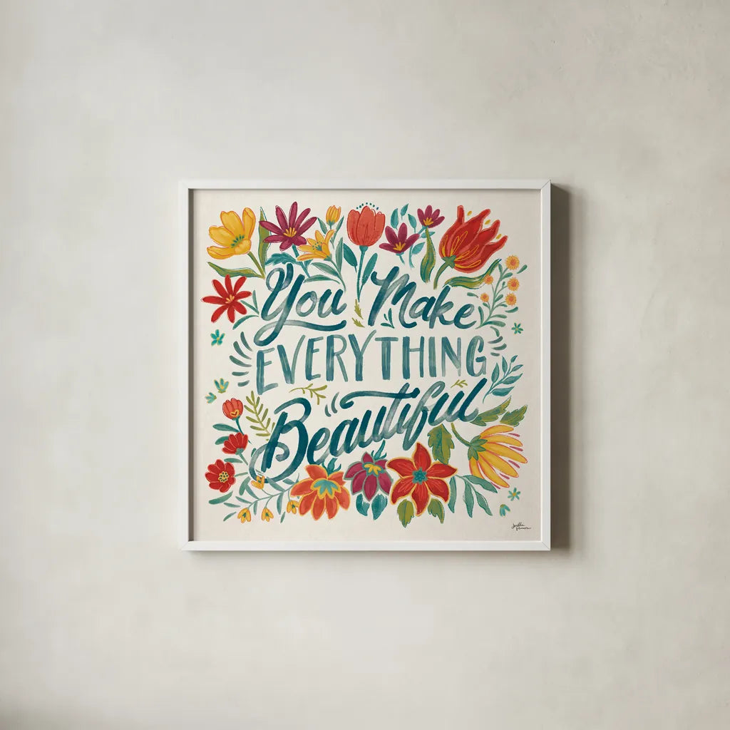 Happy Thoughts V by Janelle Penner. Shown in a crisp white glass frame for a clean and minimalist style. Available as an archival giclee rolled canvas, fine art paper, or poster print. SKU 54100a.