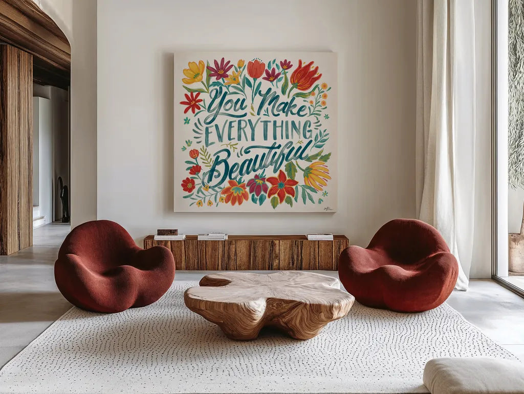 Happy Thoughts V by Janelle Penner. Shown as extra-large giant wall art in a modern living room. Available as an archival giclee rolled canvas, fine art paper, or poster print. SKU 54100a.