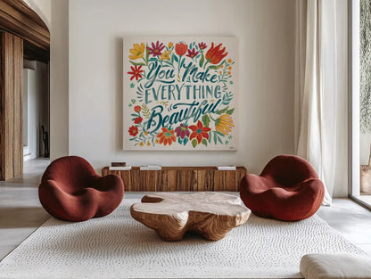 Happy Thoughts V by Janelle Penner. Shown as extra-large giant wall art in a modern living room. Available as an archival giclee rolled canvas, fine art paper, or poster print. SKU 54100a.