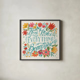 Happy Thoughts V Bright by Janelle Penner. Shown in a sleek black glass frame for a contemporary gallery look. Available as an archival giclee rolled canvas, fine art paper, or poster print. SKU 71484a.