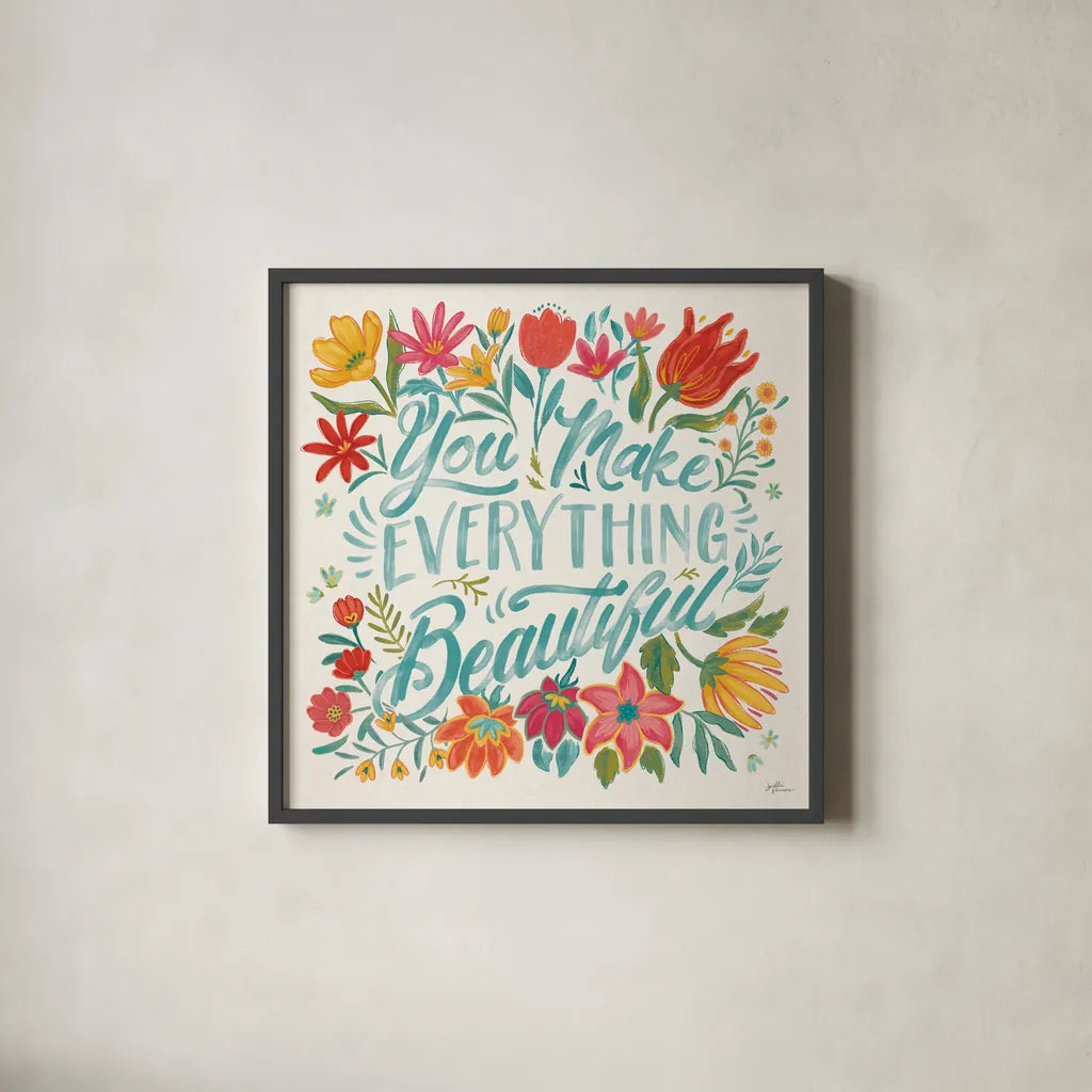 Happy Thoughts V Bright by Janelle Penner. Shown in a sleek black glass frame for a contemporary gallery look. Available as an archival giclee rolled canvas, fine art paper, or poster print. SKU 71484a.