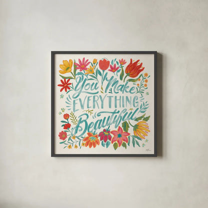 Happy Thoughts V Bright by Janelle Penner. Shown in a sleek black glass frame for a contemporary gallery look. Available as an archival giclee rolled canvas, fine art paper, or poster print. SKU 71484a.