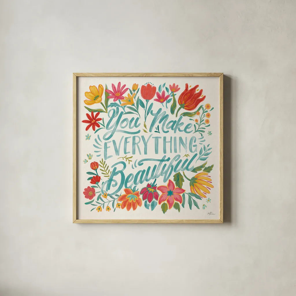 Happy Thoughts V Bright by Janelle Penner. Shown in a natural wood glass frame for a timeless modern aesthetic. Available as an archival giclee rolled canvas, fine art paper, or poster print. SKU 71484a.