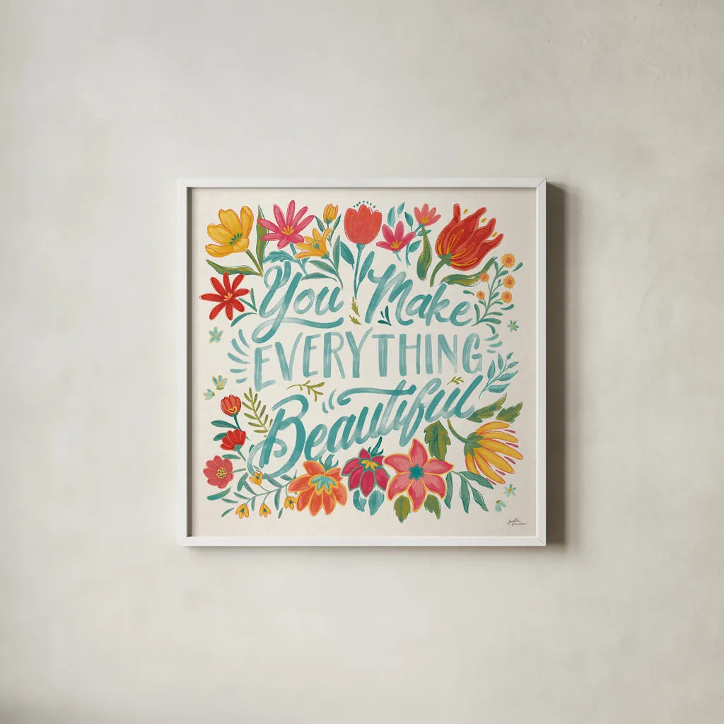 Happy Thoughts V Bright by Janelle Penner. Shown in a crisp white glass frame for a clean and minimalist style. Available as an archival giclee rolled canvas, fine art paper, or poster print. SKU 71484a.