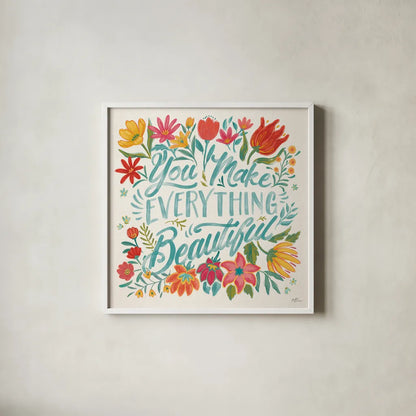 Happy Thoughts V Bright by Janelle Penner. Shown in a crisp white glass frame for a clean and minimalist style. Available as an archival giclee rolled canvas, fine art paper, or poster print. SKU 71484a.