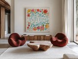 Happy Thoughts V Bright by Janelle Penner. Shown as extra-large giant wall art in a modern living room. Available as an archival giclee rolled canvas, fine art paper, or poster print. SKU 71484a.