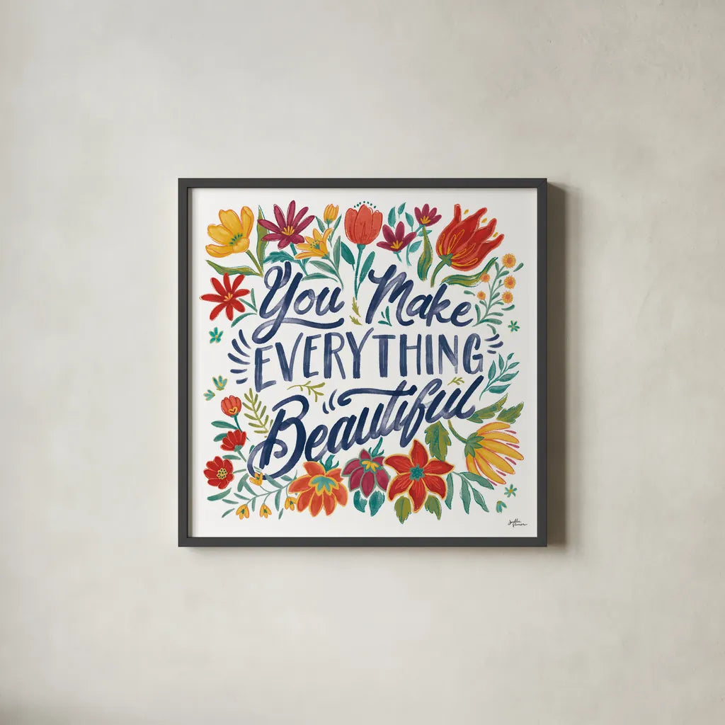 Happy Thoughts V White by Janelle Penner. Shown in a sleek black glass frame for a contemporary gallery look. Available as an archival giclee rolled canvas, fine art paper, or poster print. SKU 56418a.