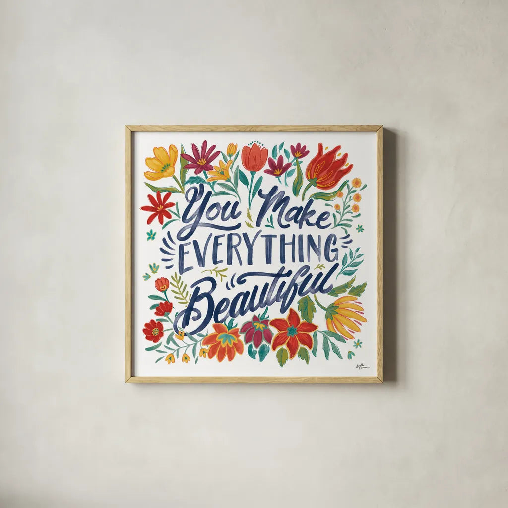 Happy Thoughts V White by Janelle Penner. Shown in a natural wood glass frame for a timeless modern aesthetic. Available as an archival giclee rolled canvas, fine art paper, or poster print. SKU 56418a.