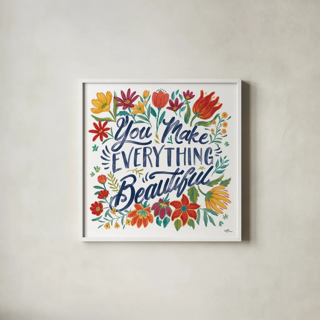 Happy Thoughts V White by Janelle Penner. Shown in a crisp white glass frame for a clean and minimalist style. Available as an archival giclee rolled canvas, fine art paper, or poster print. SKU 56418a.