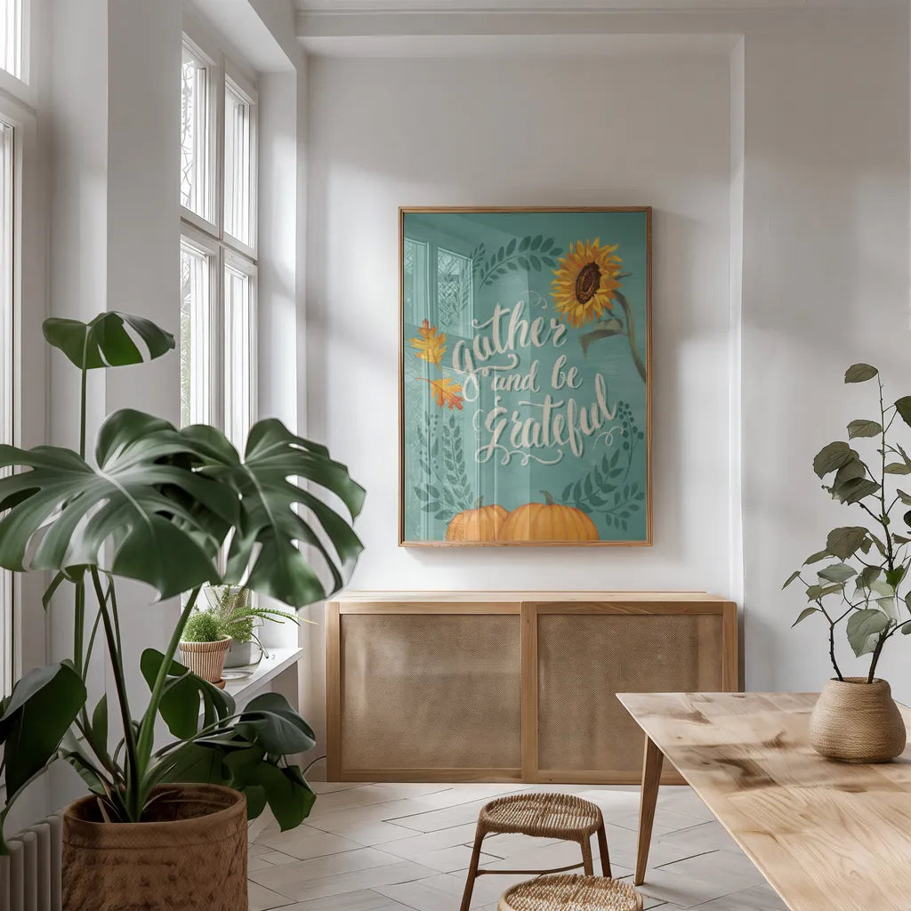 Harvest Delight I No Wood v2 by Janelle Penner. shown as a print in a natural wood frame in a dining room. Available as a archival giclee rolled canvas, fine art paper, or poster print. SKU 47314h.