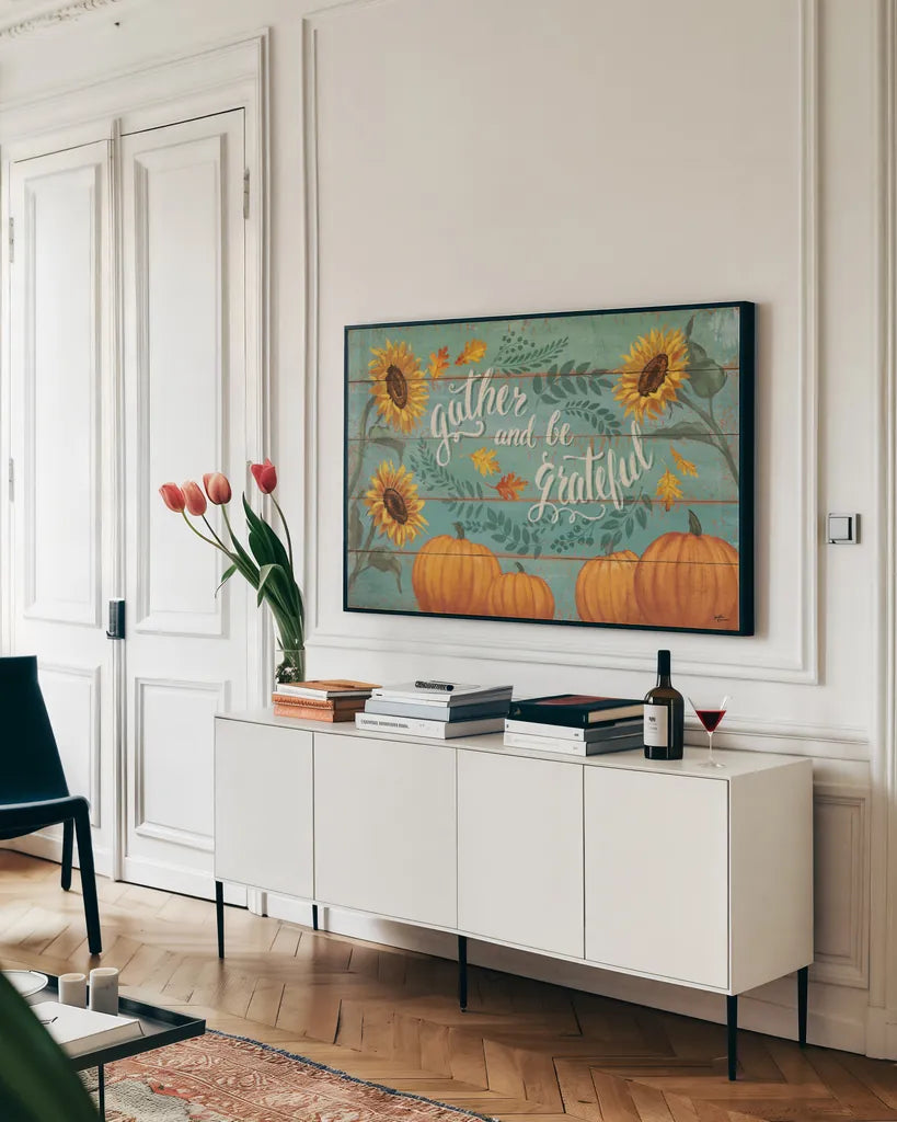 Harvest Delight V by Janelle Penner. shown as a framed stretched canvas in a living room above a console. Available as a archival giclee rolled canvas, fine art paper, or poster print. SKU 27941i.