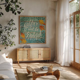 Harvest Delight VI by Janelle Penner. Shown in a natural wood frame in a cozy modern living room. Available as an archival giclee rolled canvas, fine art paper, or poster print. SKU 27942a.