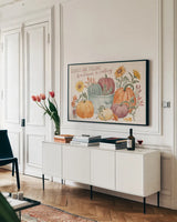Harvest Jewels I by Janelle Penner. shown as a framed stretched canvas in a living room above a console. Available as a archival giclee rolled canvas, fine art paper, or poster print. SKU 74011i.