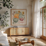 Harvest Jewels II by Janelle Penner. Shown in a natural wood frame in a cozy modern living room. Available as an archival giclee rolled canvas, fine art paper, or poster print. SKU 74012a.