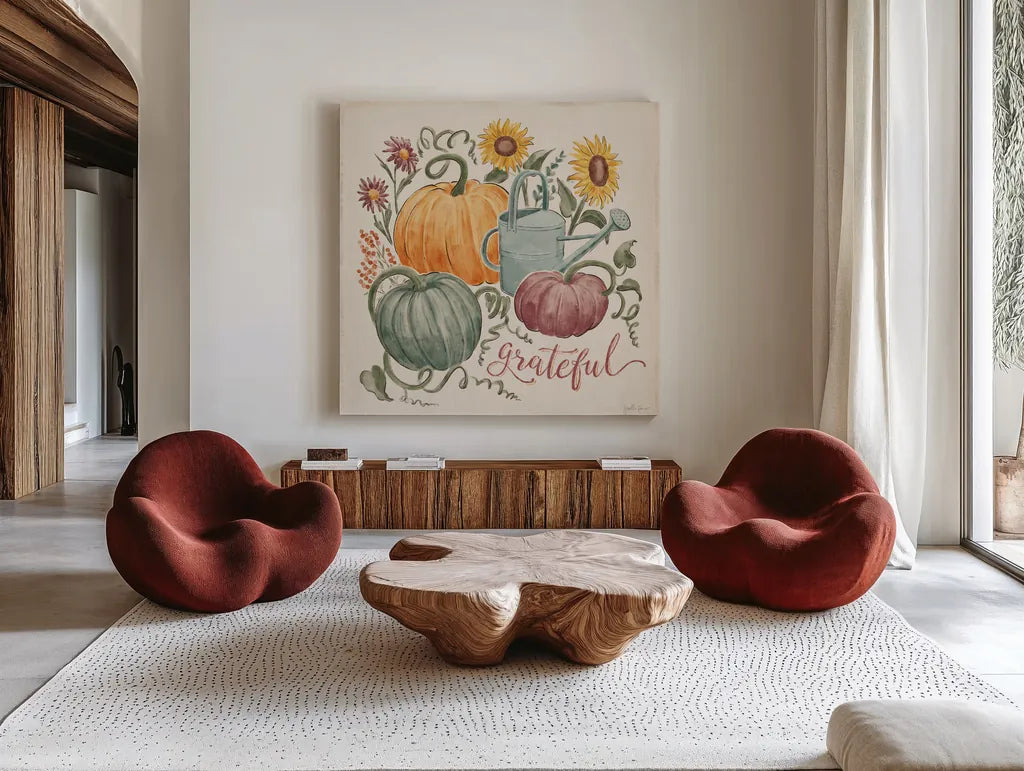 Harvest Jewels II by Janelle Penner. Shown as extra-large giant wall art in a modern living room. Available as an archival giclee rolled canvas, fine art paper, or poster print. SKU 74012a.