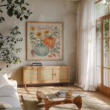 Harvest Jewels III by Janelle Penner. Shown in a natural wood frame in a cozy modern living room. Available as an archival giclee rolled canvas, fine art paper, or poster print. SKU 74013a.