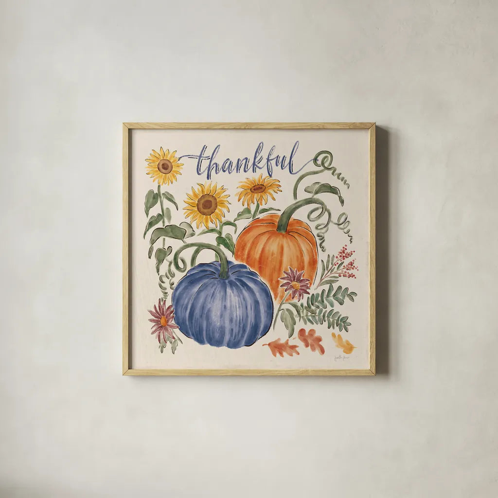 Harvest Jewels III Navy by Janelle Penner. Shown in a natural wood glass frame for a timeless modern aesthetic. Available as an archival giclee rolled canvas, fine art paper, or poster print. SKU 74796a.