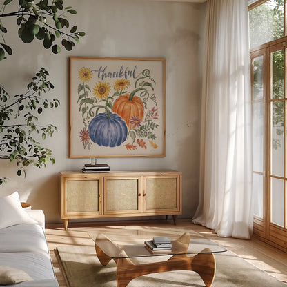 Harvest Jewels III Navy by Janelle Penner. Shown in a natural wood frame in a cozy modern living room. Available as an archival giclee rolled canvas, fine art paper, or poster print. SKU 74796a.
