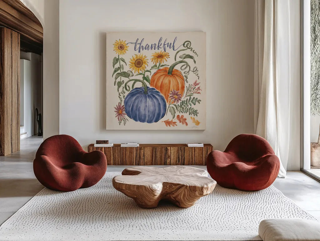 Harvest Jewels III Navy by Janelle Penner. Shown as extra-large giant wall art in a modern living room. Available as an archival giclee rolled canvas, fine art paper, or poster print. SKU 74796a.