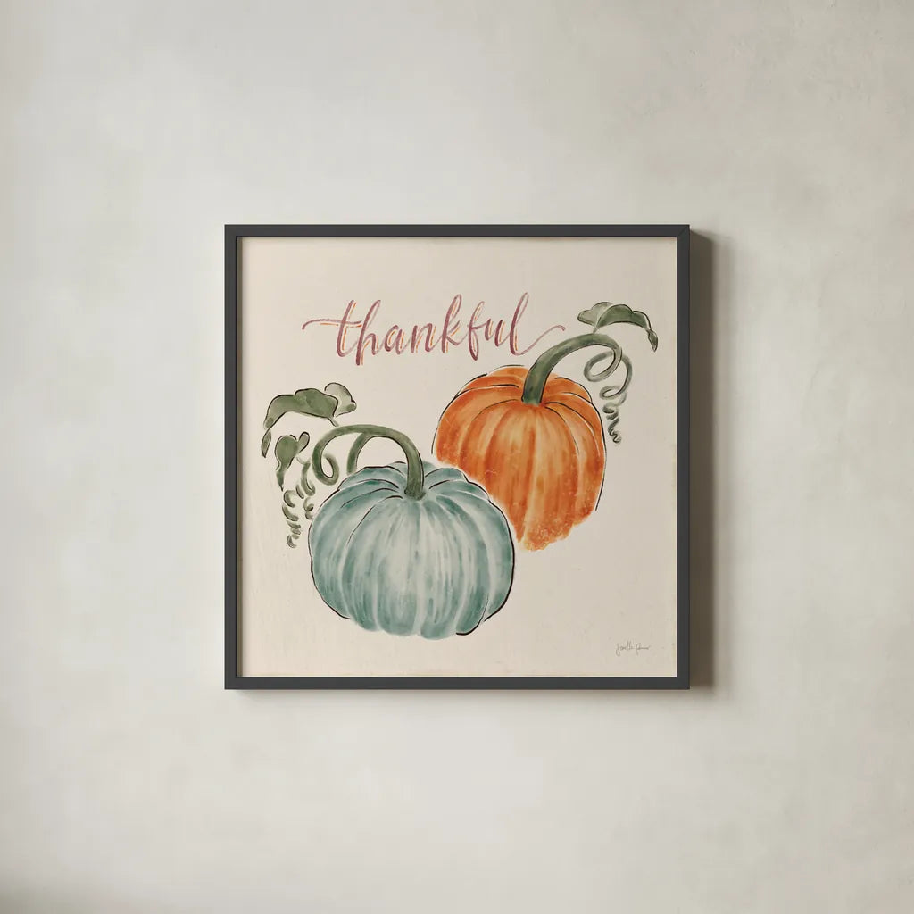 Harvest Jewels III Pumpkins by Janelle Penner. Shown in a sleek black glass frame for a contemporary gallery look. Available as an archival giclee rolled canvas, fine art paper, or poster print. SKU 75094a.